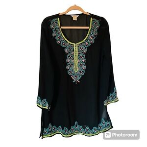 Heavily Beaded Black Sheer Swimsuit Cover Up Beautiful Photoshoot Tunic M A2
